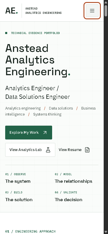 Historical Anstead Analytics Engineering homepage at a 375 pixel viewport
